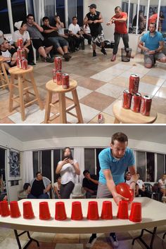 two pictures with people in the background and one has red cups on top of it