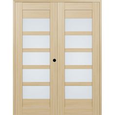 a pair of doors with frosted glass on the front and side panels in light wood