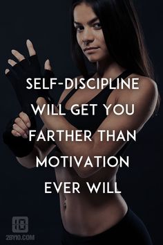 a woman with her arms crossed and the words self - discipline will get you farther than motivation