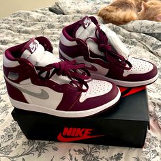 Nike Jordan 1 “Bordeaux” Size Wmns 9 Shoes Jordan Women's, Maroon Jordans, Spiderman Jordans, Cute Jordans For Women, Tenis Jordan 1, Women's Jordans, Tenis Nike Jordan, Burgundy Jordans, Bedazzled Shoes Diy