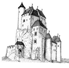 an ink drawing of a castle on top of a hill