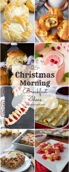 christmas morning breakfast menu collage with different types of pastries and desserts on plates