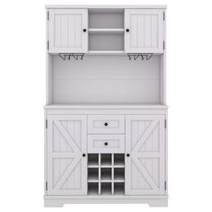 a white hutch with two doors and drawers on the front, one door open to reveal