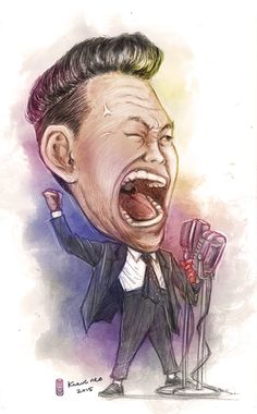 a caricature of a man singing into a microphone with his mouth wide open