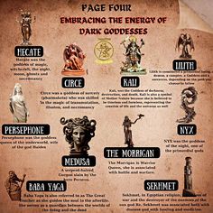 an old poster with many different types of statues and text that says, page four embracing the energy of dark goddesss