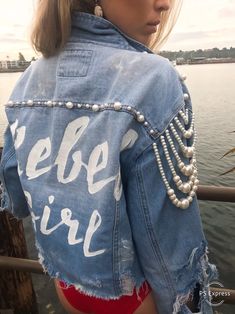 REBEL GIRL Hand Painted Embroidered Custom Denim Jacket | Etsy Embellished Denim Vest, Bejeweled Denim Jacket, Customised Denim Jacket Ideas, Decorated Denim Jackets, Jaket Denim Custom, Customized Denim Jacket, Custom Denim Jacket Paint, Distressed Denim Jacket Diy, Custom Jean Jacket Ideas