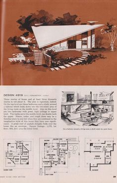 an old house with plans and pictures on the front, side and back pages in red