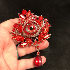 This brooch measures 4"x3" Treasure Room, Eyeball Art, Globe Art, Vampire Queen, Blood Red, Red Vintage, Blue Crystals, Unique Pieces, Topaz