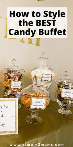 candy buffet table with name tags and labels on the top, including candies in glass bowls