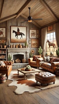 a living room filled with furniture and a fire place under a ceiling mounted horse painting