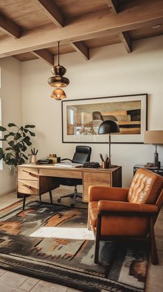 a chair and desk in a room with a rug on the floor next to it