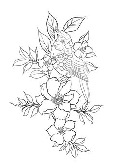 a bird sitting on top of flowers in the middle of a line art style drawing