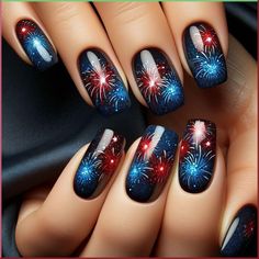 Red White Blue Firework Nails, Black Fourth Of July Nails, Fire Work Nails Design 4th Of July, Fourth Of July Nails Designs Fireworks, Black Patriotic Nails, Firecracker Nails 4th Of July, Forth Of July Nails Fireworks, 4th Of July Ombre Nail Designs, Forth Of July Nail Art Designs