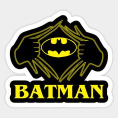 batman sticker with the word and symbol in yellow, black and yellow colors on it