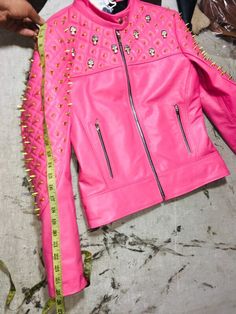 Crafted Leather Women Pink Quilted Gold Studded Skeletons Genuine Leather Jacket on Storenvy Spiked Leather Jacket, Fashion Edgy, Sublimation Ideas, Studded Jacket, Pinterest Ideas, Animal Coloring, Women Pink, Clothes Outfits, Genuine Leather Jackets