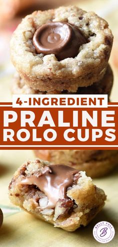 four ingredient praline rolo cups are stacked on top of each other, with the title above it