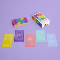 the card game is set up on a purple surface