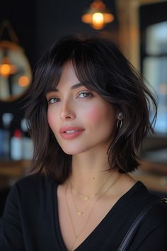 Short Hair With Curtains Bangs, Neck Length Haircut With Bangs, Grunge Bob Haircut Bangs, Short Hair With Bangs Long Face, Dark Hair For Pale Skin And Green Eyes, Medium Hair Fringe Bangs, Short Hairstyles With Bangs For Women, Short Hair Haircuts With Curtain Bangs, Soft Layered Bob Cut