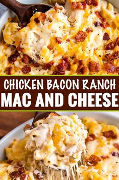 chicken bacon ranch mac and cheese in a white casserole dish