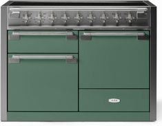 a green stove top oven with two burners and one door on the front side