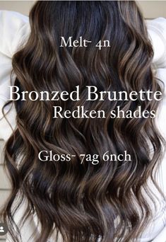 Redken Shades Eq Formulas Brown All Over, Warm Shades Eq Formulas, Dark Brown Hair With Blue Eyes, Redken Shades Eq Formulas Brown Ash, Brunette Redken Formulas, Hailey Bieber Hair Color Formula, Brunette Toner Shades, Dimensional Brunette Redken Formula, Copper Brown Balayage Formula