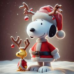 snoopy and his reindeer friend are dressed up for christmas