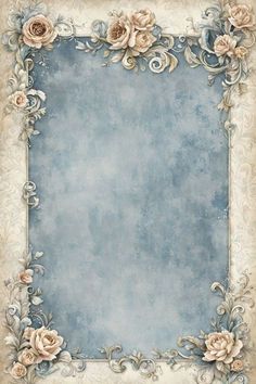 an old fashioned frame with roses and scrolls on the edges, is shown in blue