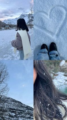 a woman with long hair standing in the snow