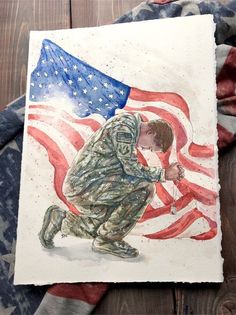 a watercolor painting of a soldier kneeling in front of an american flag