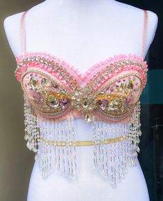 Pink and Gold Pearl Marie Antionette Victorian Iridescent Crystal Beaded Bedazzled Diamond Mermaid Belly Dance Princess Rave Bra //34C by DiamondDollsCo on Etsy Gold Rave Outfit, Mermaid Shell Bra, Bedazzled Bra, Bling Bra, Disney Princess Cosplay, Bead Bra, Belly Dancer Costumes, Mermaid Bra, Diy Bra