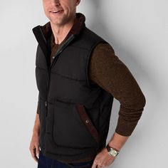 Layer up in style for cold-weather outings with this St. John's Bay men's quilted cargo puffer vest. Made from a warm material and lining, this midweight style has two front snap pockets and a full zip closure. Wear it over a sweater with jeans.Closure Type: ZipperPockets: 2 Front Snap PocketsWarmth Factor: MidweightApparel Length: 27 InchesOuterwear Length: ShortFiber Content: 100% PolyesterFabric Description: WovenFilling Content: 100% PolyesterLining: LinedLining Material: PolyesterCare: Mac… Mens Puffer Vest, Puffer Vests, Man Quilt, Puffer Vest, Cold Weather, Puffer, How To Wear, Black