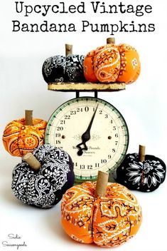 an upcycled vintage clock with pumpkins on it and the words, upcycled vintage bandana pumpkins