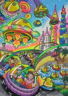 a mural painted on the side of a building with people riding in bumper to bumper cars