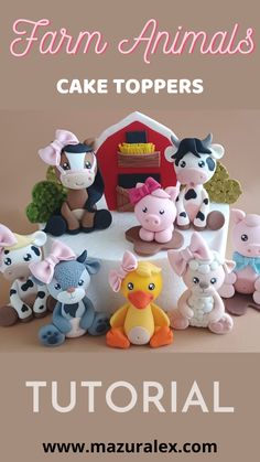 a group of farm animals sitting on top of a cake