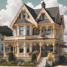 a large victorian style house with many windows and balconies