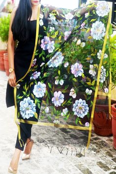 Sheet Painting, Tunic Kurti, Printed Organza, Black Pure, Hijab Styles, Painted Clothes, Amazing Art Painting, Dress Sewing