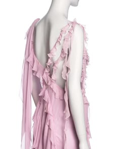 For Sale on 1stDibs - ▪ Brand: Versace ▪ Creative Director: Donatella Versace ▪ Collection: Spring-Summer 2004 ▪ Fabric: Silk ▪ Details: Crafted from pink silk chiffon and is Pre-draped Pink Spring Dress, Pink Sleeveless Pre-draped Dress, Fitted Pink Chiffon Dress With Ruffles, Fitted Pink Chiffon Dress For Evening, Summer Silk Chiffon Dress With Ruffles, Feminine Pink Silk Dress, Pink Silk Feminine Dress, Pink Pre-draped Silk Dress, Pink Feminine Silk Chiffon Dress