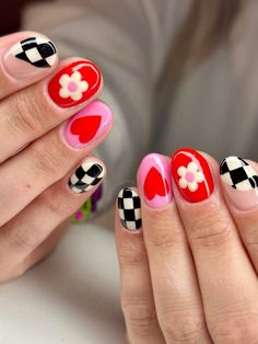 Red Mix And Match Nails, Mix Match Nail Designs, Wlw Nails, Chappell Roan Nails, Fun Red Nails, Mismatch Nails, Heart Nail Art Designs, Mismatched Nails, Mix Match Nails