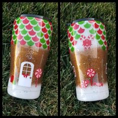 two shots of the same plastic cup with different designs on it, one has a gingerbread house and the other has candy canes