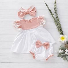 3-Piece Ruffled Top, Bow Decor Shorts and Headband – PrettyKid Cute Summer Sets With Bow Detail, Cute Summer Sets With Bow, Cute White Sets With Lace Trim, Pink Playtime Sets With Ruffles, Cute Cotton Sets With Bow, Cute Cotton Sets With Bow Detail, White Ruffled Playtime Sets, Stretch Cotton Sets With Ruffles, Stretch Cotton Ruffle Sets