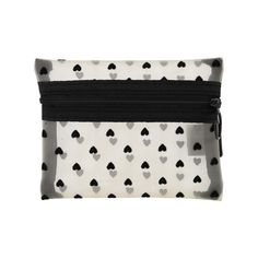 a black and white pouch with hearts on it