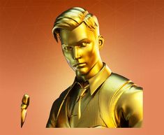 a gold statue of a man wearing a suit and tie, with an orange background