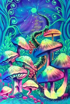 a painting of colorful mushrooms in the forest with a dragon on it's back