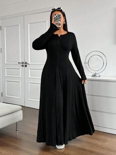 Black Casual Collar Long Sleeve Knitted Fabric Plain A Line Embellished High Stretch  Women Plus Clothing Modest Black Dress Plus Size, Casual Long Sleeve Halloween Dresses, Black Long Sleeve Maternity Dress, Midi Dress Autumn, Autumn Back To School, Black Plus Size Sweater Dress, Plus Size Maternity Dresses Black, Plus Size Black Sress, Midi Dress Fall