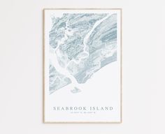 a white and blue poster with the words seabrook island on it's side