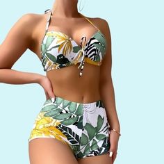 Brand New In Packaging! Stretchy And Flattering Swimsuit Set In A White And Green/Gold Multicolor Tropical Leaf Print. Ladies’ Size Large (8/10) With Plenty Of Stretch In The Biker Boyshorts Bottoms. Elastic Banded Waist Shorts. The Top Features Wiring And Push-Up Cups (Non-Removable) With A Metal Clasp Back. In My Opinion, A Good Cup Size B Or C, But Too Small For D. Self-Tie Halter Straps. Polyester/Spandex Fabric. Hand Wash And Air Dry. By Shein. No Trades/Holds. Unique Swimsuits For Women, Beachwear High-waisted Shorts Swimwear For Vacation, Beachwear Swimwear With High-waisted Shorts For Vacation, Summer High-waisted Shorts Swimwear For Beach, Fitted Tropical Shorts For Beach Season, Green High-waisted Shorts Swimwear For Summer, White Short Length Swimwear For Summer, White Tropical Shorts For Poolside, White Summer Shorts For Beach Party