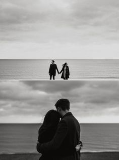 black and white photo of couple holding hands on the beach with ocean in back ground