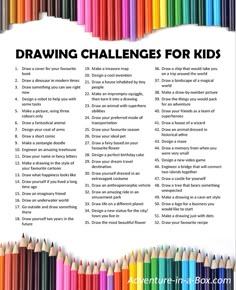 a poster with colored pencils and the words drawing challenges for kids written on it