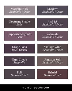 the names of different types of paint colors for walls and ceilings in shades of gray, purple