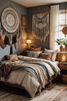 a bed room with a neatly made bed and lots of decorations on the wall above it